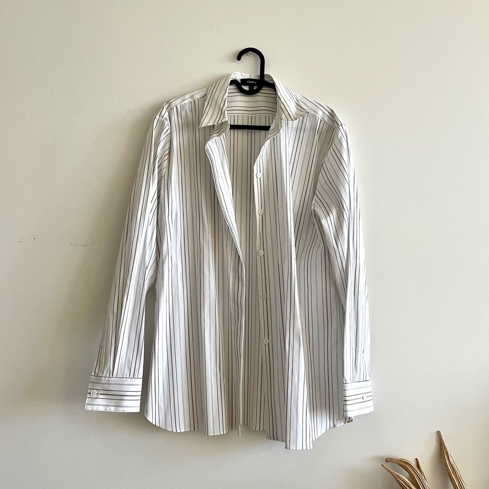 Theory Unisex Button Down Shirt White Multi Stretch Cotton Stripe